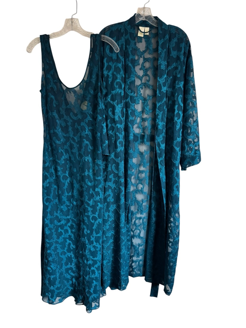 Vintage gold label Victoria’s Secret sheer dark turquoise maxi slip dress & robe